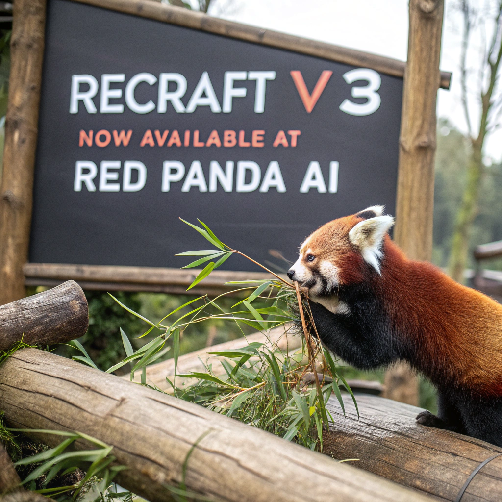 AI generated image by Red Panda AI: a red panda eating a bamboo in front of a poster that says "recraft V3 now available at red panda ai