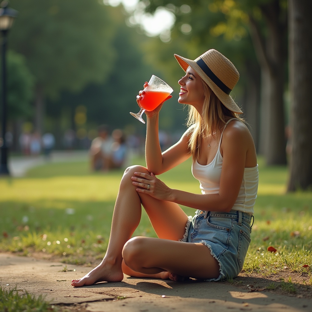 AI generated image by FLUX.1: mujer sentada en el parque tomando un refresco
