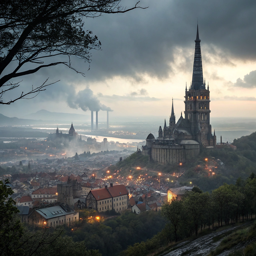 AI generated image by Red Panda AI: As you approach Blackthorn, a sprawling metropolis looms before you, its skyline dominated by the ancient, foreboding spire of Midnight Tower, which rises like a twisted dagger into the fog-choked sky. The air itself is heavy with soot, salt, and a constant, low hum of industry—the grinding gears and hammering metal that define the city’s relentless march toward progress. The city is amedieval fantasy setting. View is from a nearby hill on an approach to the city.