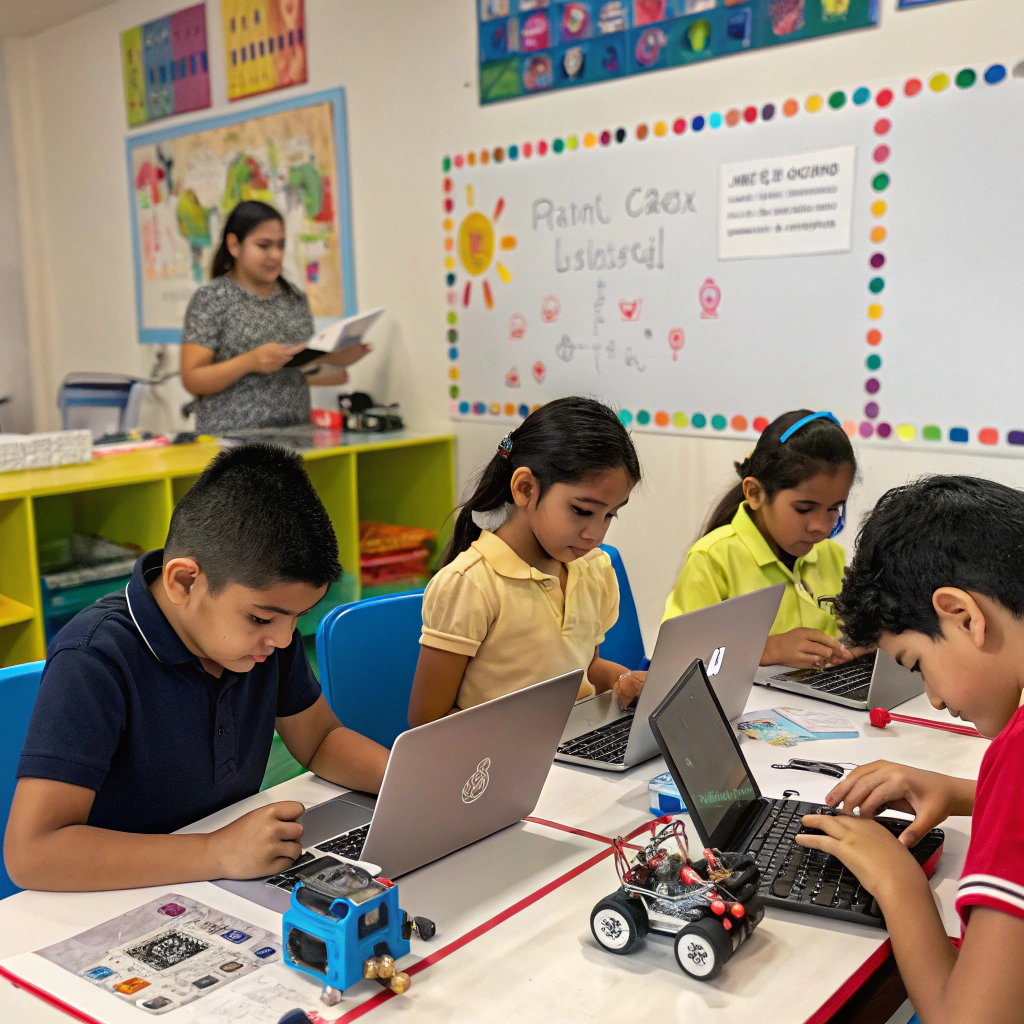 AI generated image by Red Panda AI: niños estudiantes aprendiendo robótica en la escuela