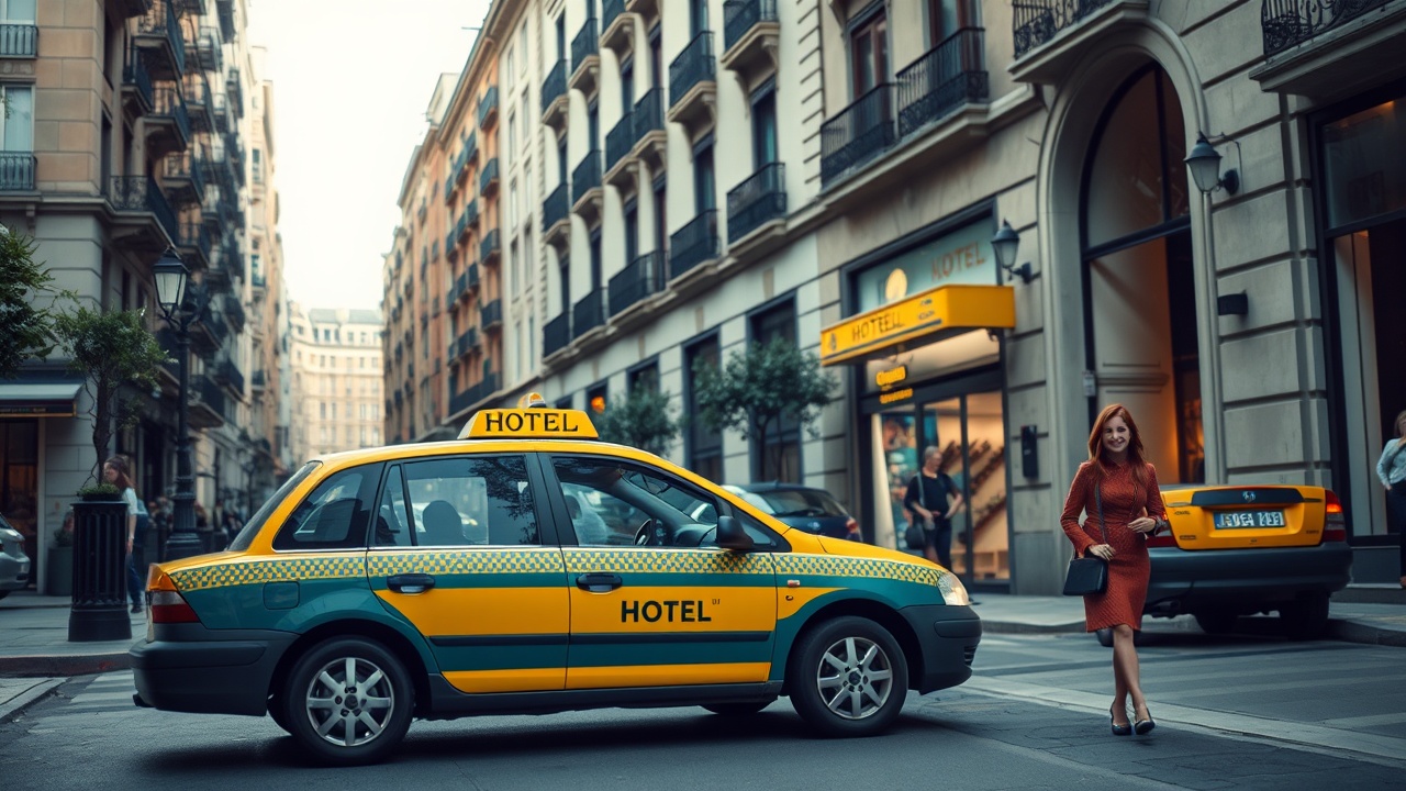 AI generated image by FLUX.1-schnell: crear imagen de una calle con un taxi de Barcelona aparcado frente a un hotel del que baja una señora elegante de unos cuarenta años y se queda frente al hotel mirándole de espaldas a la calle