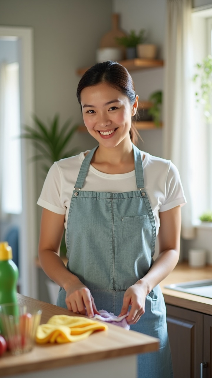 AI generated image by FLUX.1: "A realistic photo of a beautiful and attractive Filipina housemaid in her late twenties, showcasing clear, natural Filipino facial features with an authentic and relatable appearance. She has a well-proportioned and attractive physique, neither too slim nor overweight. She is wearing a clean, professional housekeeping uniform with a wide, loose-fitting apron, and she is not wearing any head covering. The housemaid is actively engaged in cleaning tasks, holding a recognizable kitchen tool in her hands, such as a dishcloth or a spray bottle. The scene is indoors in a bright, tidy home, shot from a distant angle to capture both her and the full environment. The atmosphere is cheerful and natural, highlighting her joyful expression while working, with no artificiality in her demeanor."