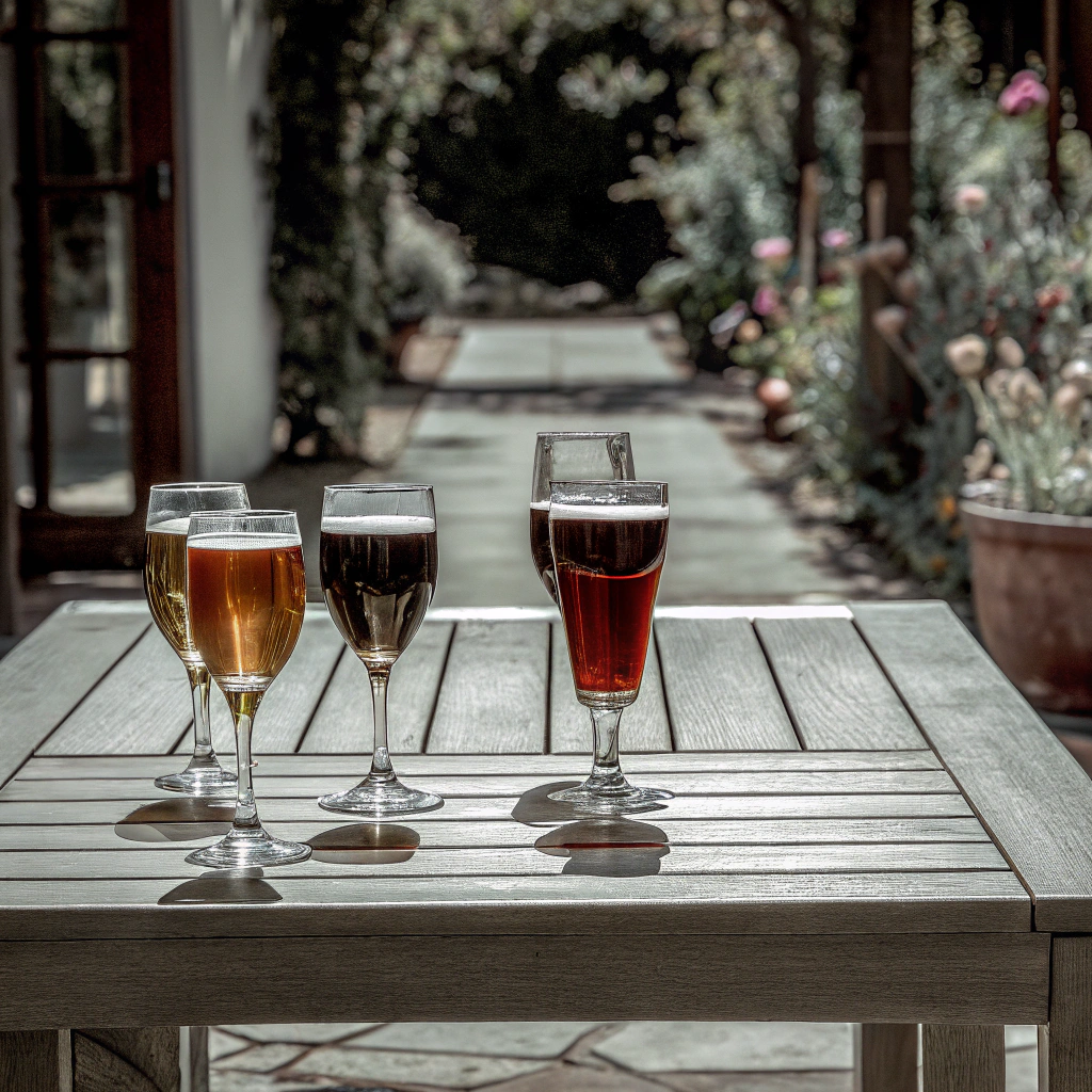 AI generated image by Red Panda AI: CREATE A photo of a table full of beer, wine, and whiskey glasses. The table is outside in the garden. The weather is sunny. 4K, realistic, cinematic