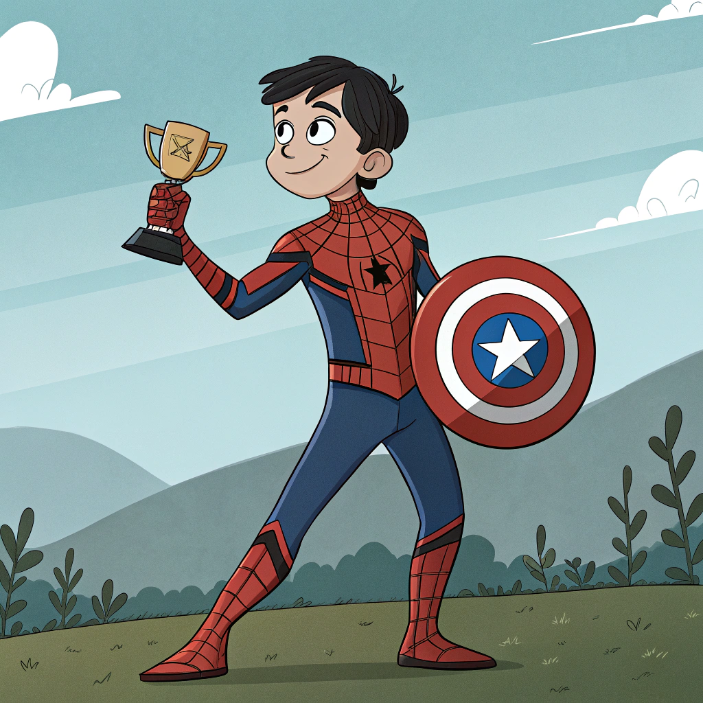 AI generated image by Red Panda AI: quiero a una chico blanco , argentino, con pelo negro de 14 años parado disfrazado de spiderman con un trofeo en la mano y el escudo del capitan america en la otra mano con un paisaje de fondo y que toda la foto sea animada

