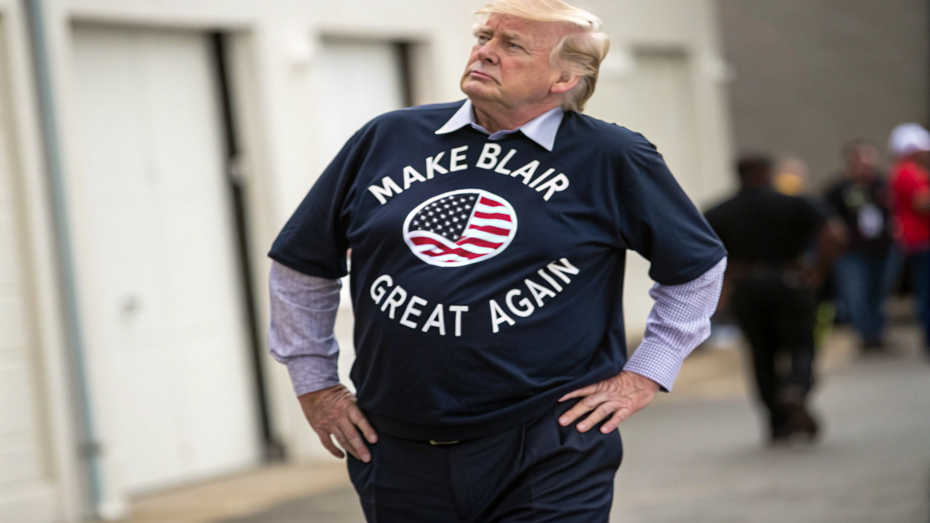 AI generated image by Red Panda AI: Donald Trump wears a shirt that says "Make Blair Great Again"
