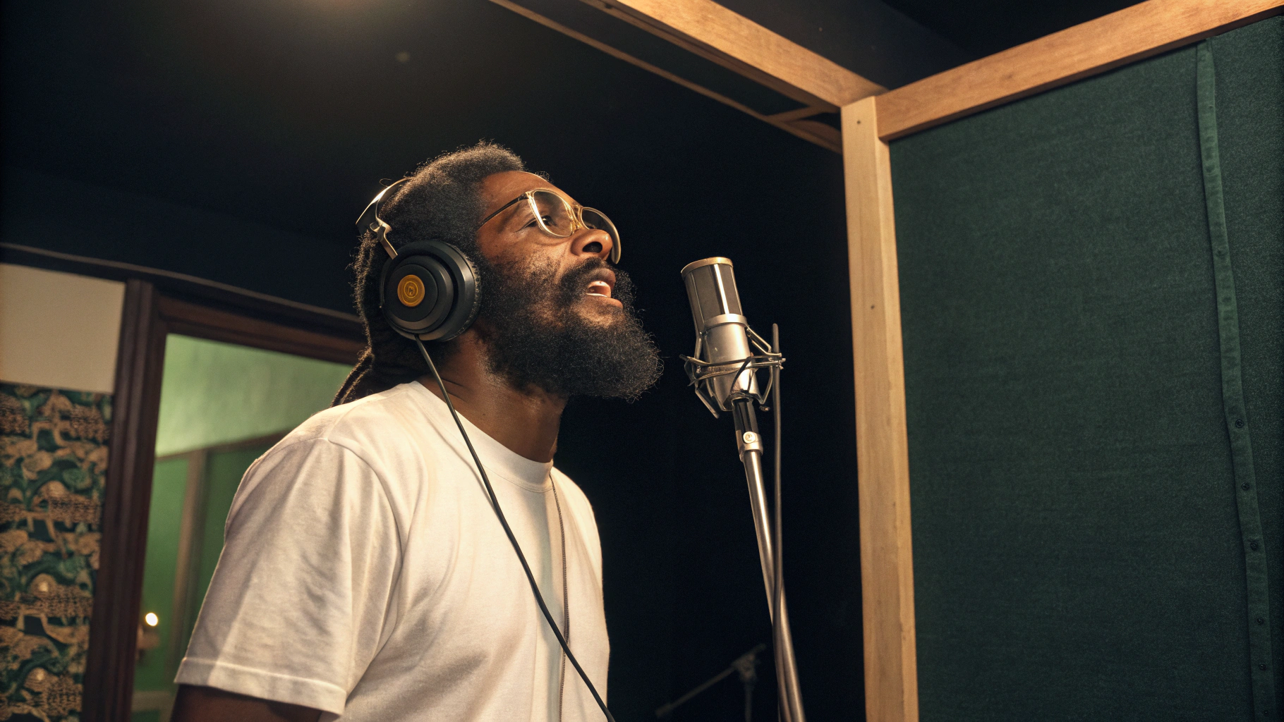 AI generated image by Red Panda AI: A 3D render of a vintage Jamaican recording studio vocal booth. Inside the booth is a seasoned Rasta singer with a beard. He is wearing a all white t-shirt and a pair of glasses. The singer is holding a pair of headphones and singing into a microphone. The background is dark and contains a few equipment. The overall image has a limited color palette.