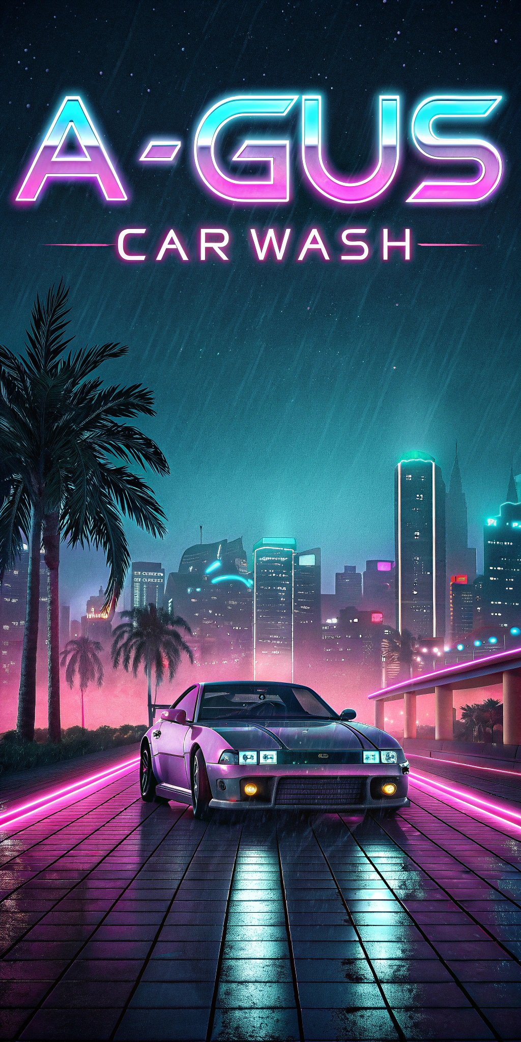 AI generated image by Red Panda AI: Un cartel con estilo Cyber Punk que diga "A-Gus Car Wash" con un automóvil japonés en el centro