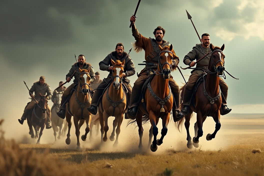 AI generated image by FLUX.1-pro: "A band of fierce steppe raiders charging across a vast, grassy plain under a darkening sky, their horses swift and powerful. Each raider is clad in rugged leather and fur armor adorned with talismans, with expressions of intense focus and determination. Swords, spears, and bows are gripped tightly as they advance, dust rising in clouds behind them. Their leader rides at the front, raising a weapon high, rallying his comrades forward. The landscape is vast and windswept, evoking a sense of boundless freedom and danger, with the warriors embodying the relentless spirit of the steppe."