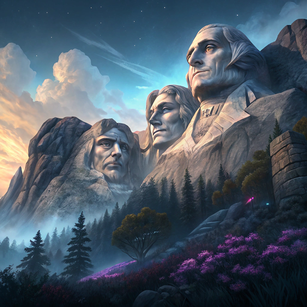 AI generated image by Red Panda AI: Create an image of Mount Rushmore in the style of World of Warcraft game graphics. The mountain features the iconic carved faces, but with a high-fantasy twist: dramatic lighting, exaggerated textures, and bold colors, with rugged, stylized stone details that capture the game’s distinctive, immersive aesthetic. Surround the monument with a mystical, mountainous landscape inspired by Azeroth, perhaps with fantastical flora, glowing crystals, or ethereal mist. Use a color palette of deep blues, grays, and earth tones to evoke the fantasy setting while keeping the epic scale and legendary feel.