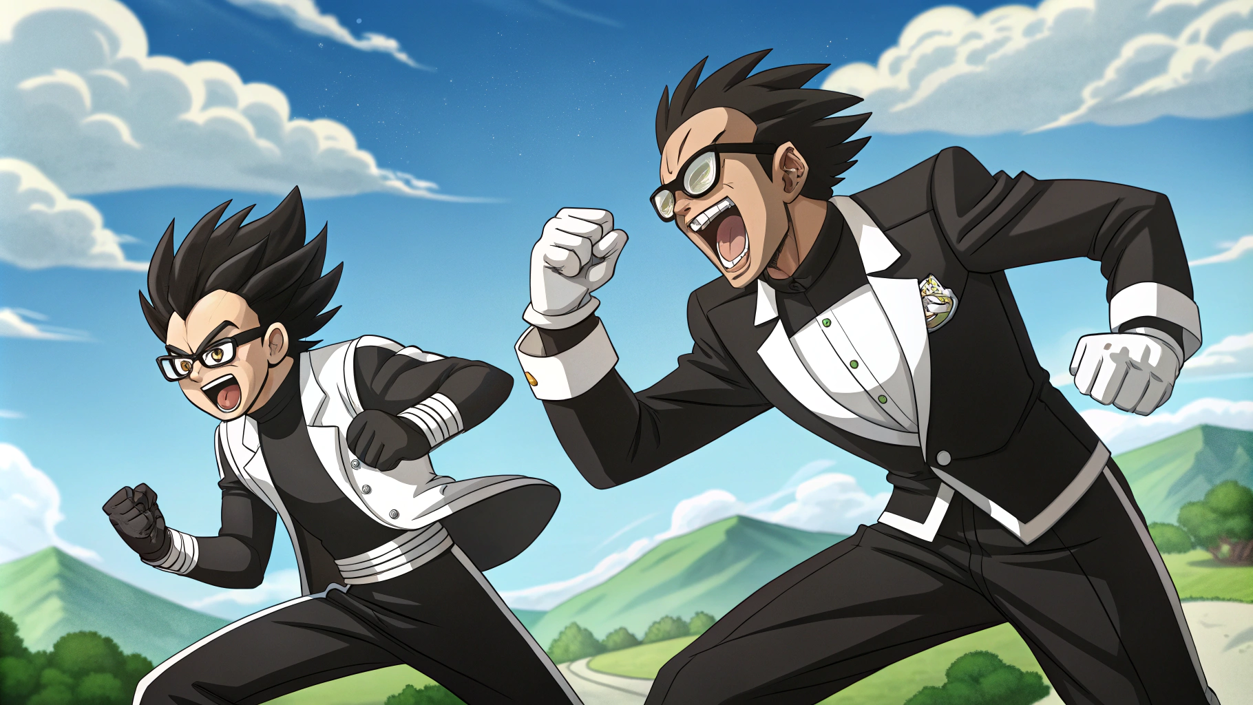 AI generated image by Red Panda AI: A colorful cartoon portrait illustration featuring two fierce anime-inspired characters with confident expressions and exaggerated features. One character has a haircut and wears a black and white suit with fingerless gloves, the second has glasses and wears a black and white suit, both are in a dynamic pose suggesting movement and power. The background shows a bright blue sky with white clouds and green hills, contributing to a vibrant and energetic atmosphere.