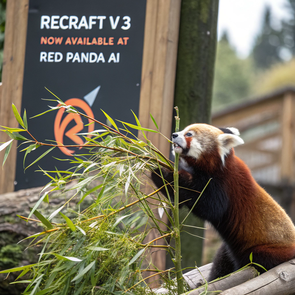 AI generated image by Red Panda AI: a red panda eating a bamboo in front of a poster that says "recraft V3 now available at red panda ai