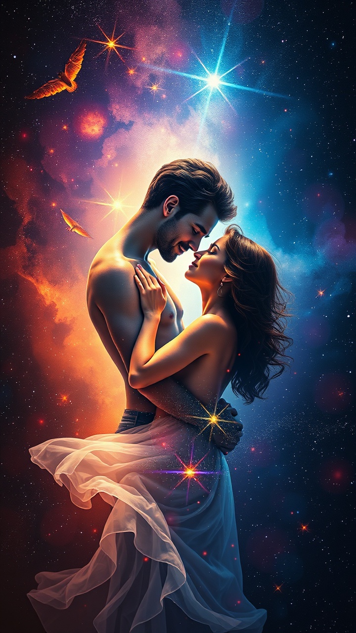AI generated image by FLUX.1-schnell: a beautiful image of a man and a woman making love, surrounded by stars, colors in deep space,