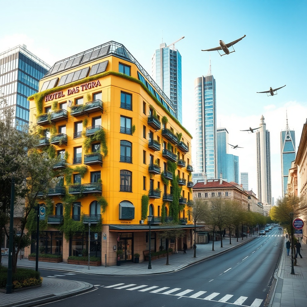 AI generated image by FLUX.1-schnell: Create a futuristic version of the Hotel Das Tigra in Vienna in the year 2050. The hotel's iconic yellow facade should be preserved, and the name 'HOTEL DAS TIGRA' should be clearly visible on the building. Enhance the facade with greenery, vertical gardens, and solar panels for a sustainable look. The surrounding streets should be calm, pedestrian-friendly, with flying vehicles hovering in the sky. Vienna’s skyline should feature towering, energy-efficient skyscrapers made of glass and metal, incorporating green technology and smart city infrastructure. Show a harmonious blend of Vienna’s historic charm with cutting-edge urban innovation in the city of 2050.