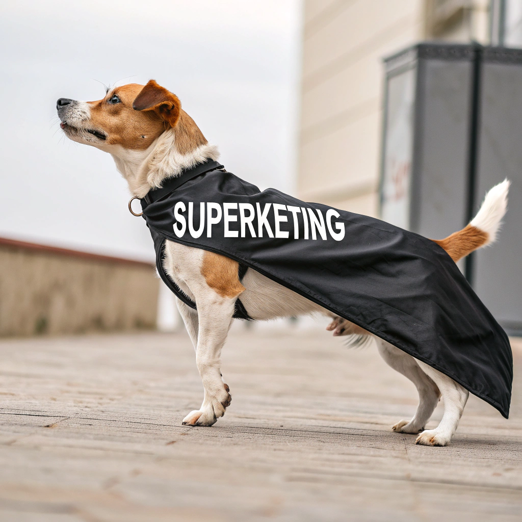 AI generated image by Red Panda AI: una capa de super heroe color negro para perro que esta parado en 2 
con letras blancas que digan superketing  realista