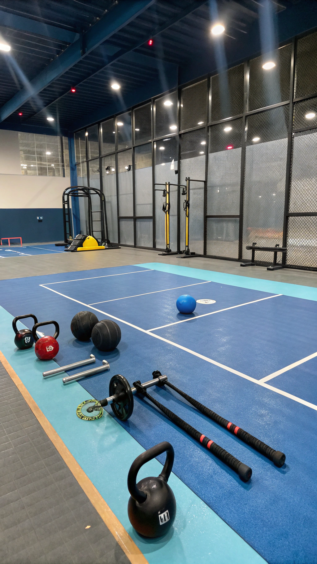 AI generated image by Red Panda AI: elementos de entrenamiento funcional, sobre una cancha de pickleball cerrada, con el piso de la cancha de color azul y celeste, y la parte del piso que no es cancha, de color gris oscuro