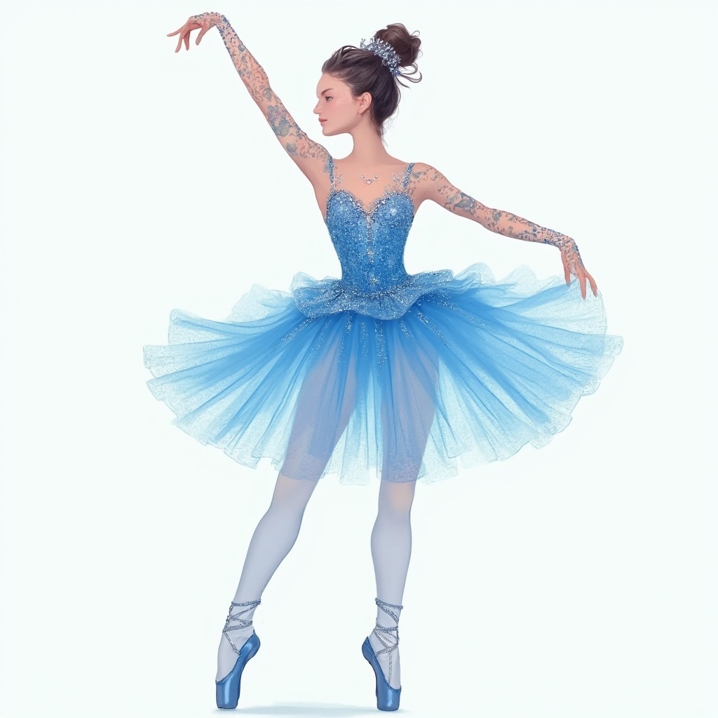 AI generated image by FLUX-Realism-Lora: Illustration style, elegant blue ballerina, dressed in shimmering attire.