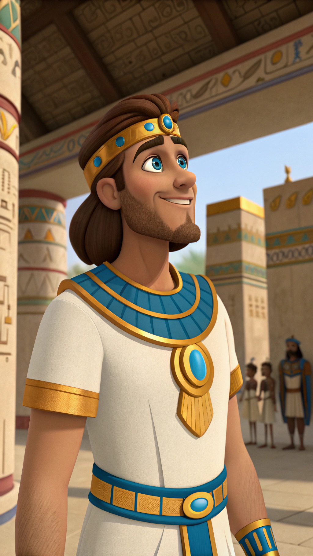 AI generated image by Red Panda AI: CREATE A BIBLICAL CHARACTER FROM THE TIME OF CAPTIVITY IN EGYPT, IN THE PIXAR DISNEY 3D STYLE, HIS NAME IS MOSES, HE HAS BROWN HAIR, TAN SKIN, BLUE EYES, ROYAL COSTUMES, IN WHITE, GOLD AND BLUE COLORS, HE HAS A BLUE STONE RING ON HIS FINGER. HE IS FRIENDLY, HE IS IN AN EGYPTIAN PALACE FROM 2000 YEARS BEFORE CHRIST, THERE ARE SERVANTS, SLAVES.