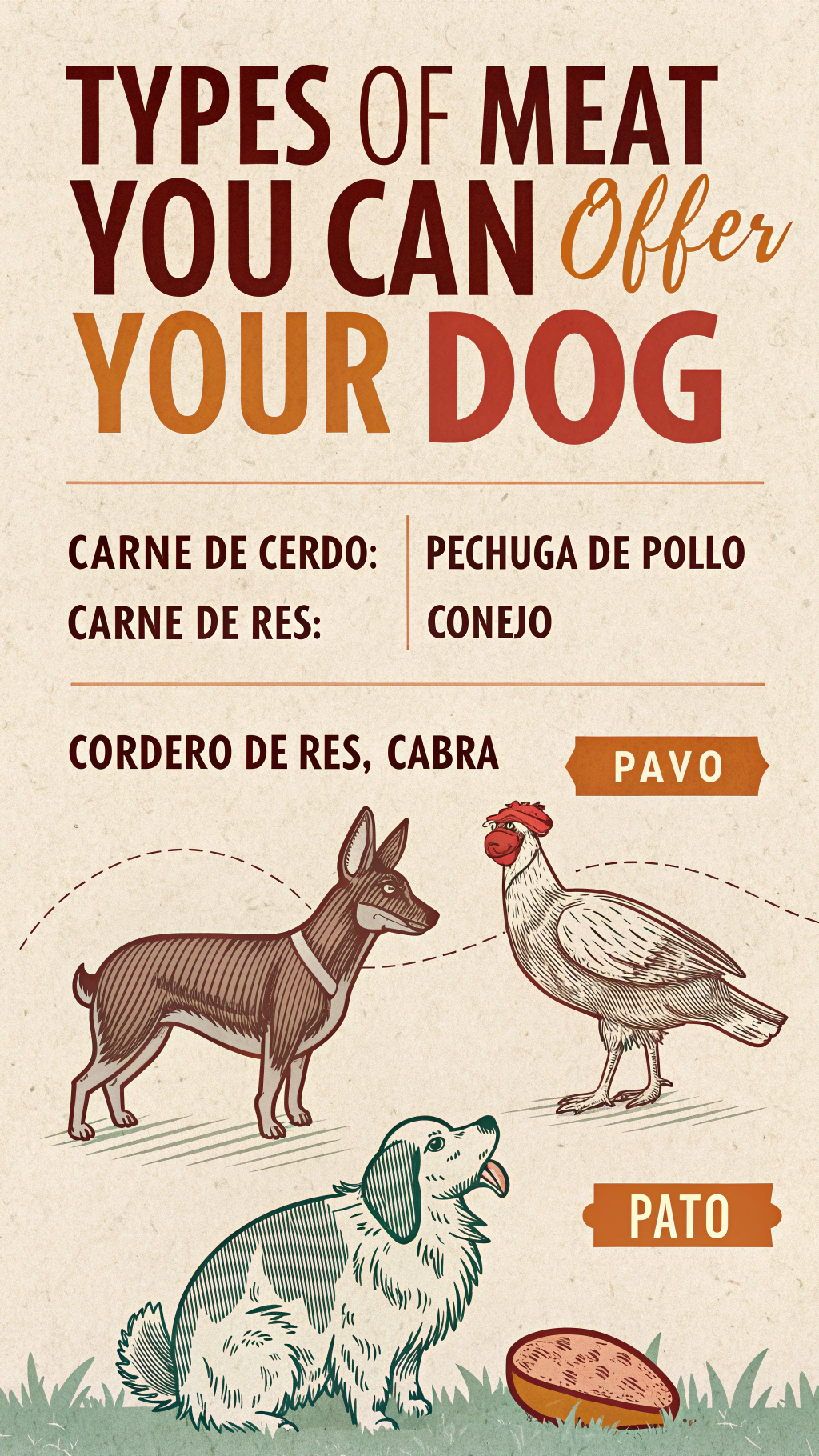 AI generated image by Red Panda AI: crea una imagen en forma de flayer que indique lo siguiente :

titulo : tipos de carne que le puedes ofrecer a tu perro


- carne de cerdo 
- pechuga de pollo
- carne de res
- conejo 
- codorniz
- cordero
- cabra 
- pavo 
- pato 

puedes ilustrar la imagen para que se va mas llamativa para cada tipo 