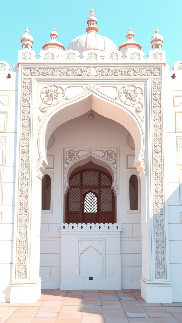 AI generated image by FLUX.1-schnell: Arch, mughal ,white Palace, boundary wall, carvings, cartoon vector