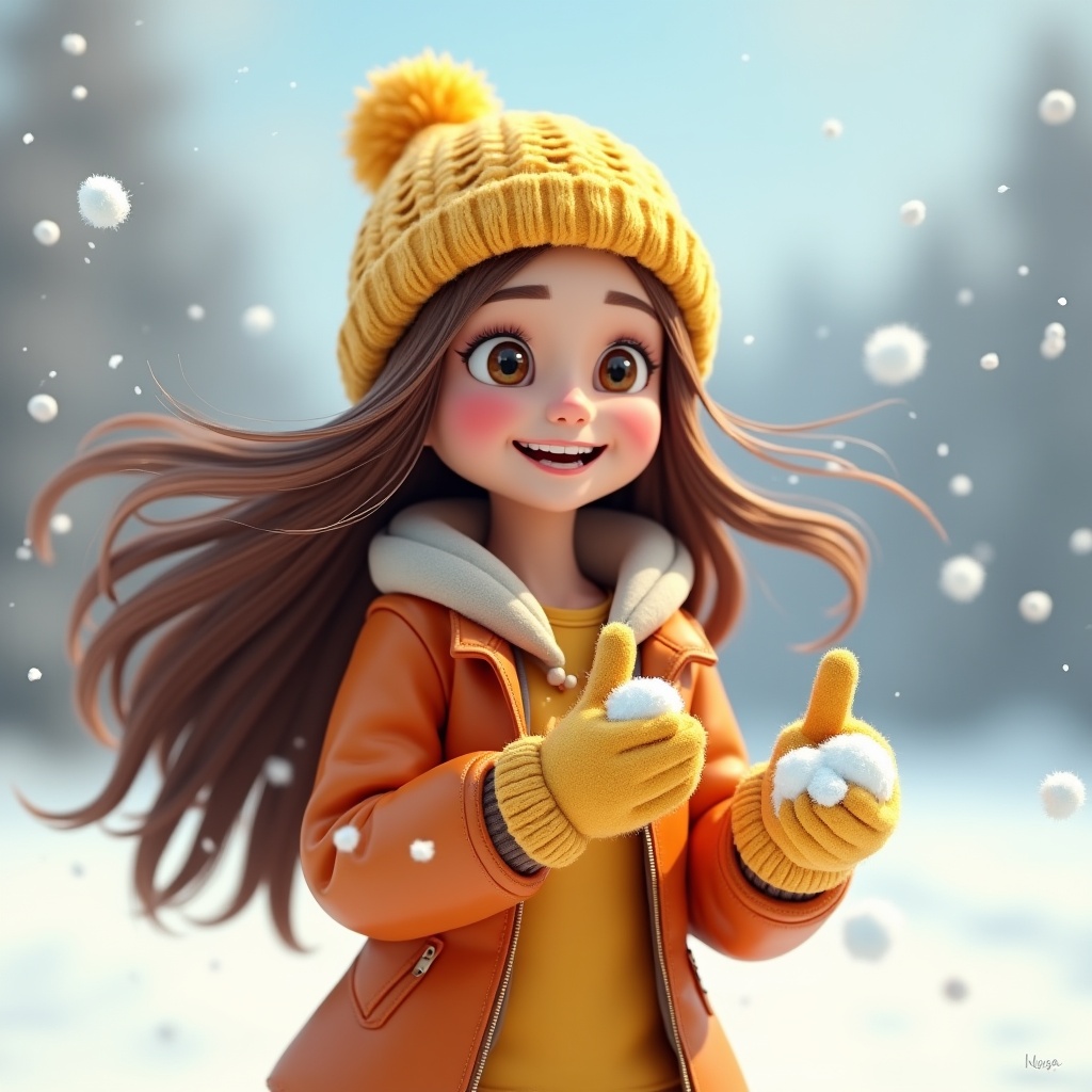 AI generated image by FLUX.1: waitgoo, a digital CGI artwork depicting a 20-year-old woman in a winter dress having a snowball fight with a smile on her face and fair skin, long brown hair, wearing a yellow hat and gloves, and long hair fluttering in the wind. She wore an orange leather jacket with a hooded sweatshirt underneath and a happy expression. happy，3d，blender，oc