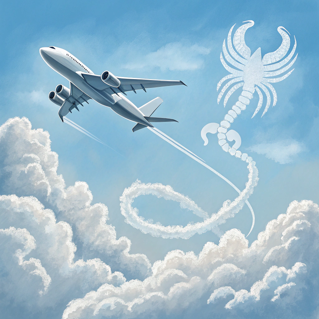 AI generated image by Red Panda AI: 飛機飛過，雲朵是天蠍座的圖案
