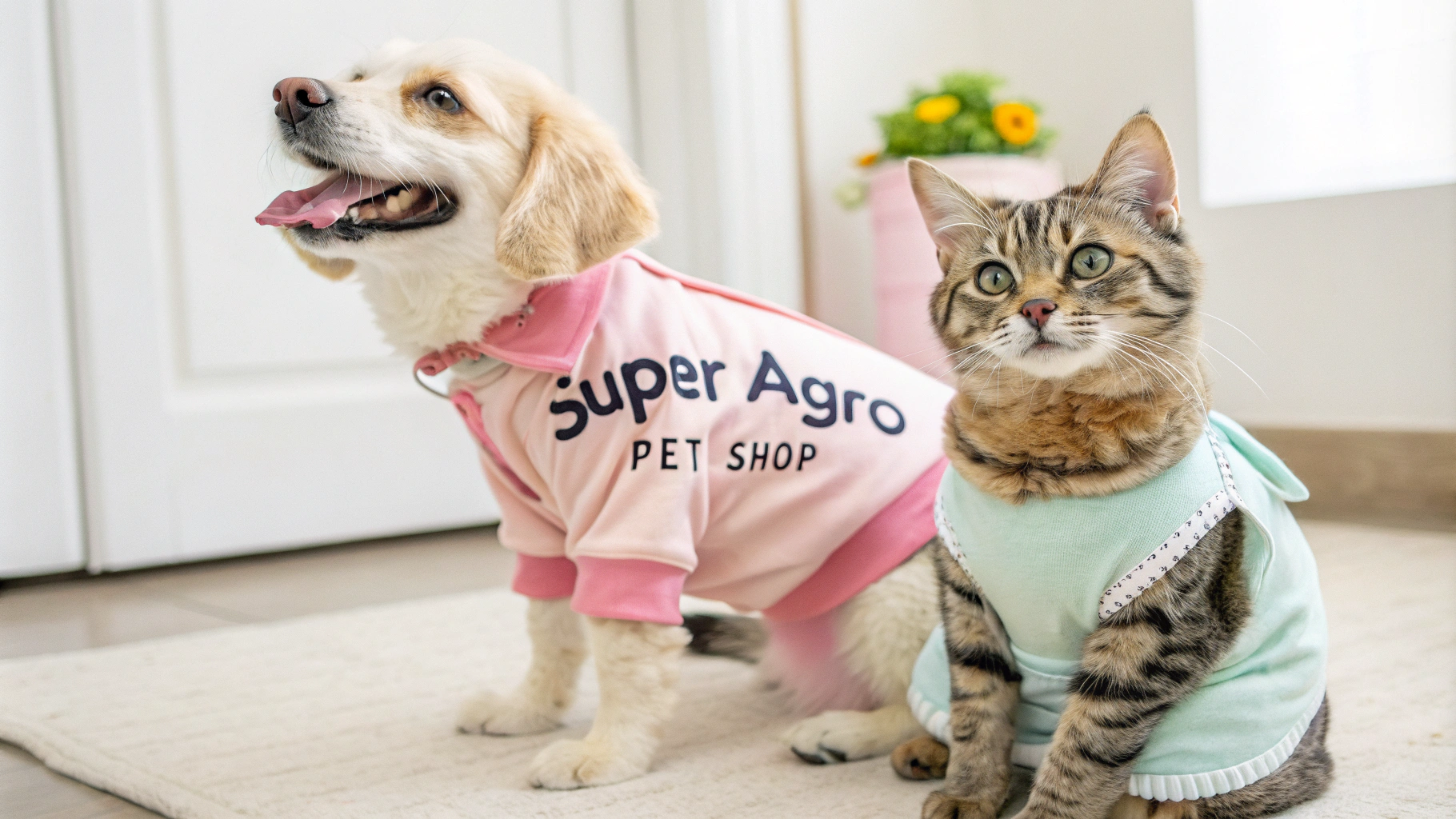 AI generated image by Red Panda AI: Cachorro e gato com roupas escrito super agro pet shop