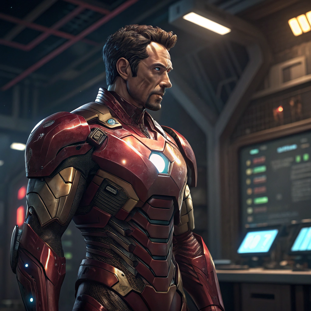 AI generated image by Red Panda AI: Crée une illustration réel d'Iron Man, visiblement énervé, avec des muscles bien définis. 