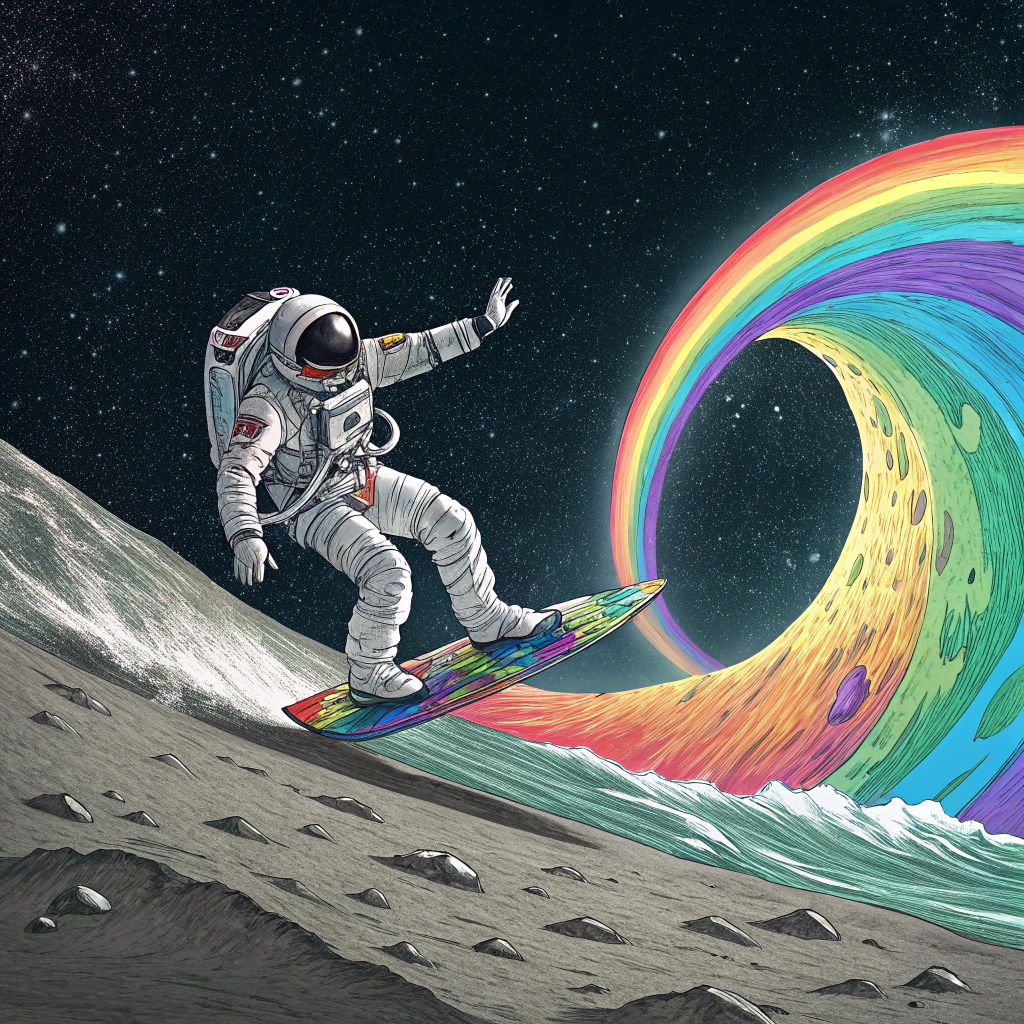 AI generated image by Red Panda AI: an astronaut surfing a gamma radiation wave while on the moon 
