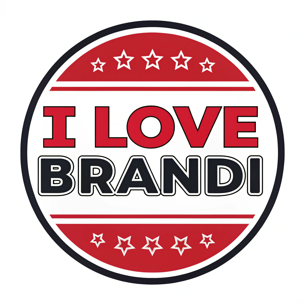 AI generated image by Red Panda AI: Circle logo, "I Love Brandi", on white background, red and white and black, only text, bold font, strong, fun