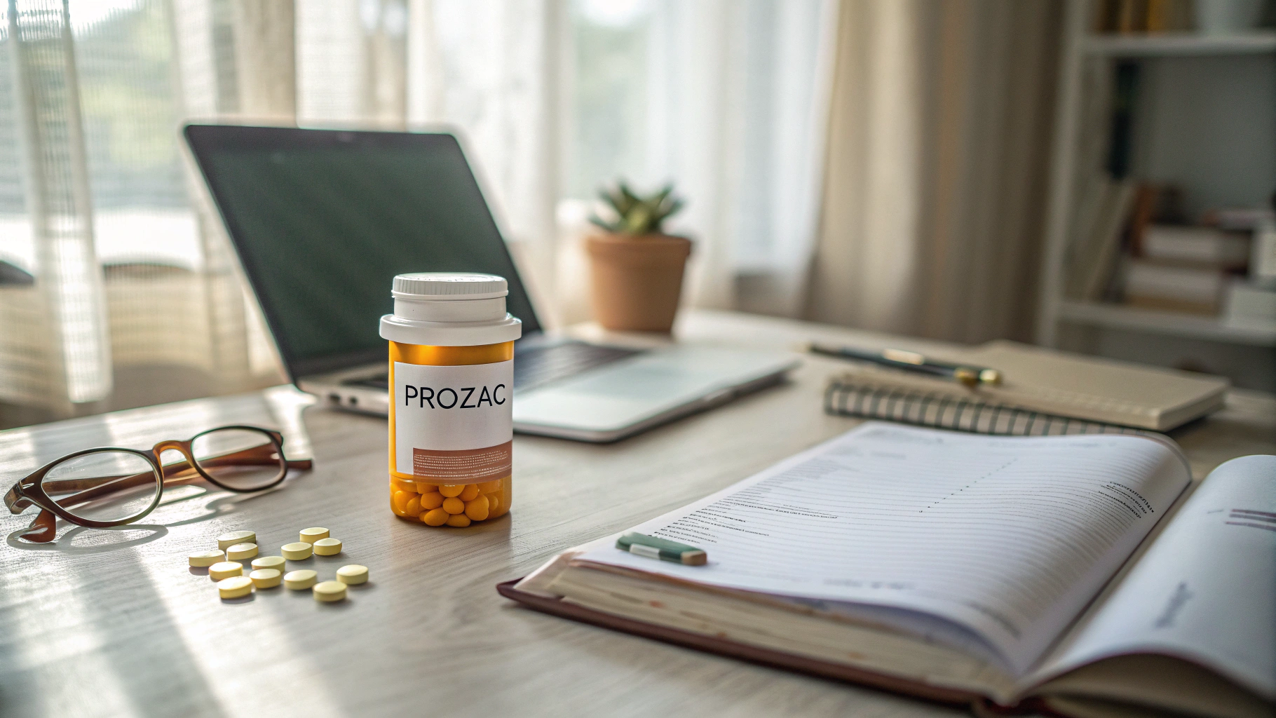 AI generated image by Red Panda AI: On the desk in a home study, there is an open pill bottle with a few pills scattered on the surface. The bottle is labeled with the medication name "Prozac". Nearby, a pair of glasses and an open laptop are placed. Natural light filters through the curtains from outside, casting a calm atmosphere in the room. The desk is tidy and the room feels quiet and relaxing.