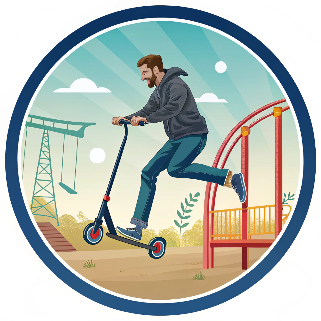 AI generated image by Red Panda AI: super realistic round logo of a man jumping on a stunt scooter, playground background