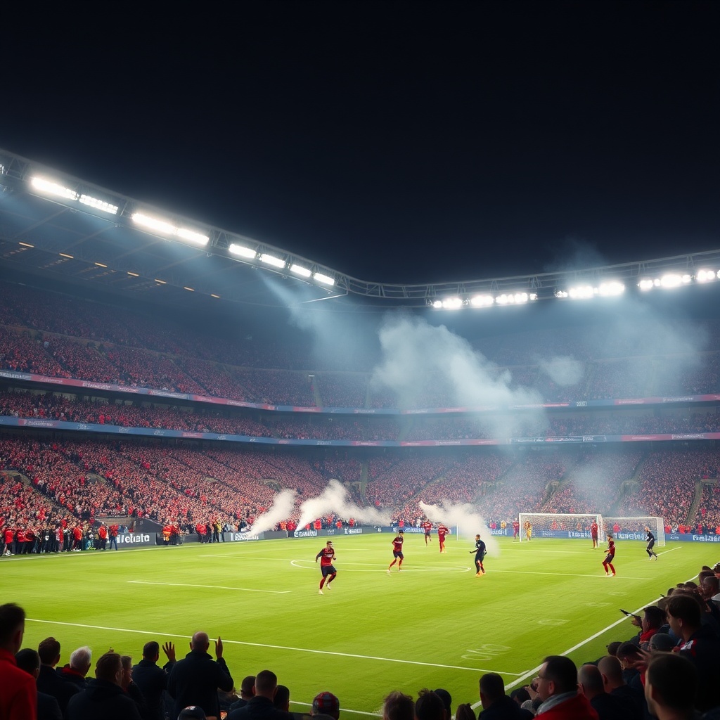 AI generated image by FLUX.1-schnell: a soccer stadium full of fans, at night, final champions, penalti kick, red and black team, smoke, low camera.