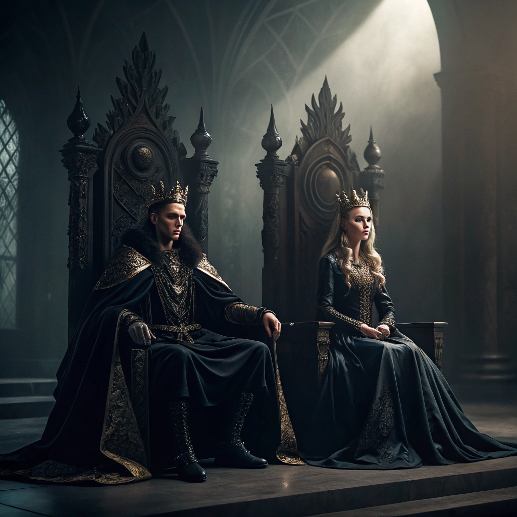 AI generated image by Red Panda AI: 80s dark fantasy style image of king and queen on their thrones with their prince and princess sat next to them