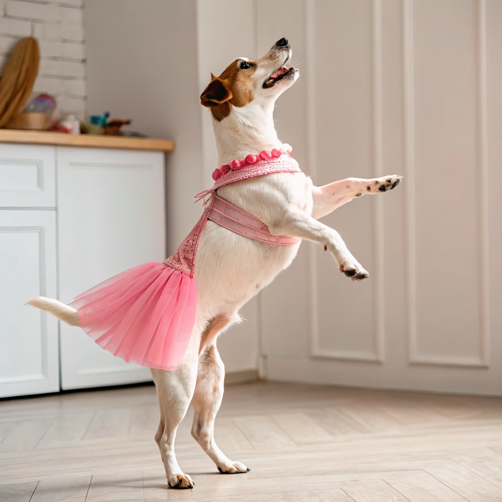 AI generated image by Red Panda AI: una perra con falda rosa bailando en dos paras

