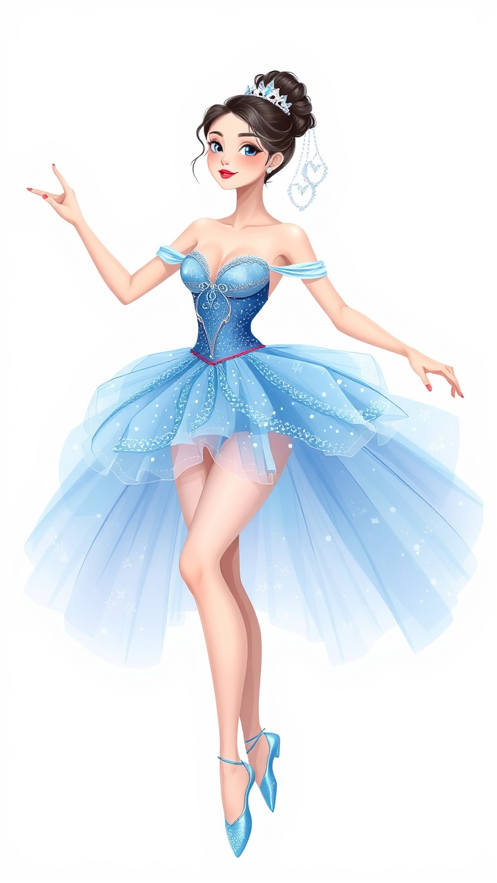 AI generated image by FLUX.1-schnell: Illustration style, elegant blue ballerina, dressed in shimmering attire.
