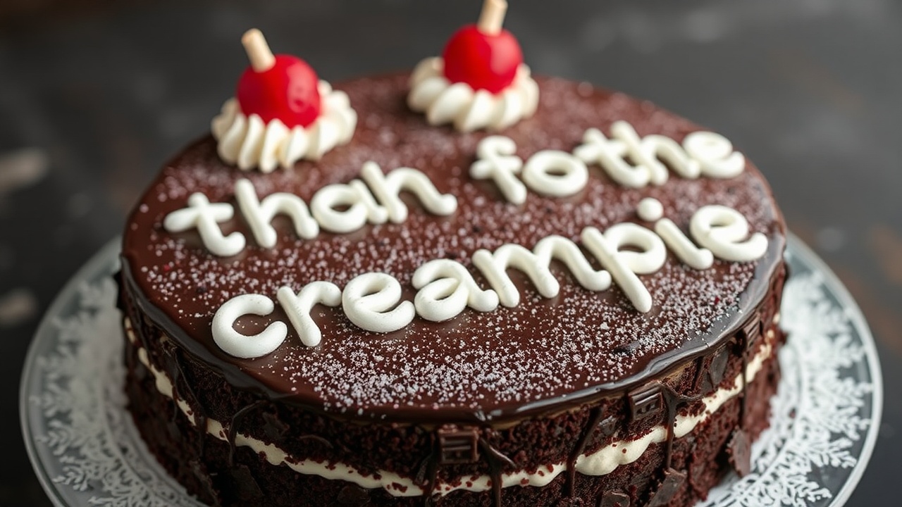 AI generated image by FLUX.1-schnell:  black forest gateau cake spelling out the words "thanks for the creampie", tasty, food photography, dynamic shot