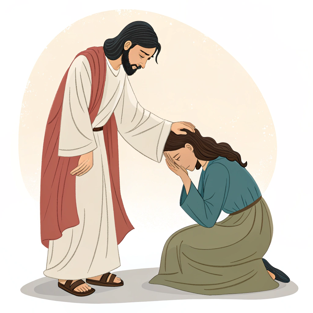 AI generated image by Red Panda AI: Jesus Christ standing, he has dark hair and facial features of a Jew, at his feet there is a woman kneeling and crying. 