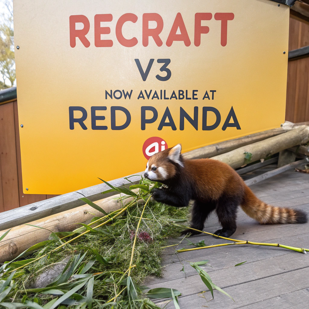 AI generated image by Red Panda AI: a red panda eating a bamboo in front of a poster that says "recraft V3 now available at red panda ai