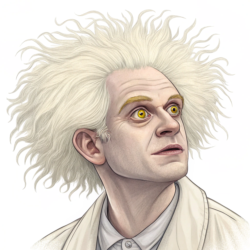AI generated image by Red Panda AI: caricature of a tall albino with frizzy hair that falls enormously and yellow eyes and very handsome
