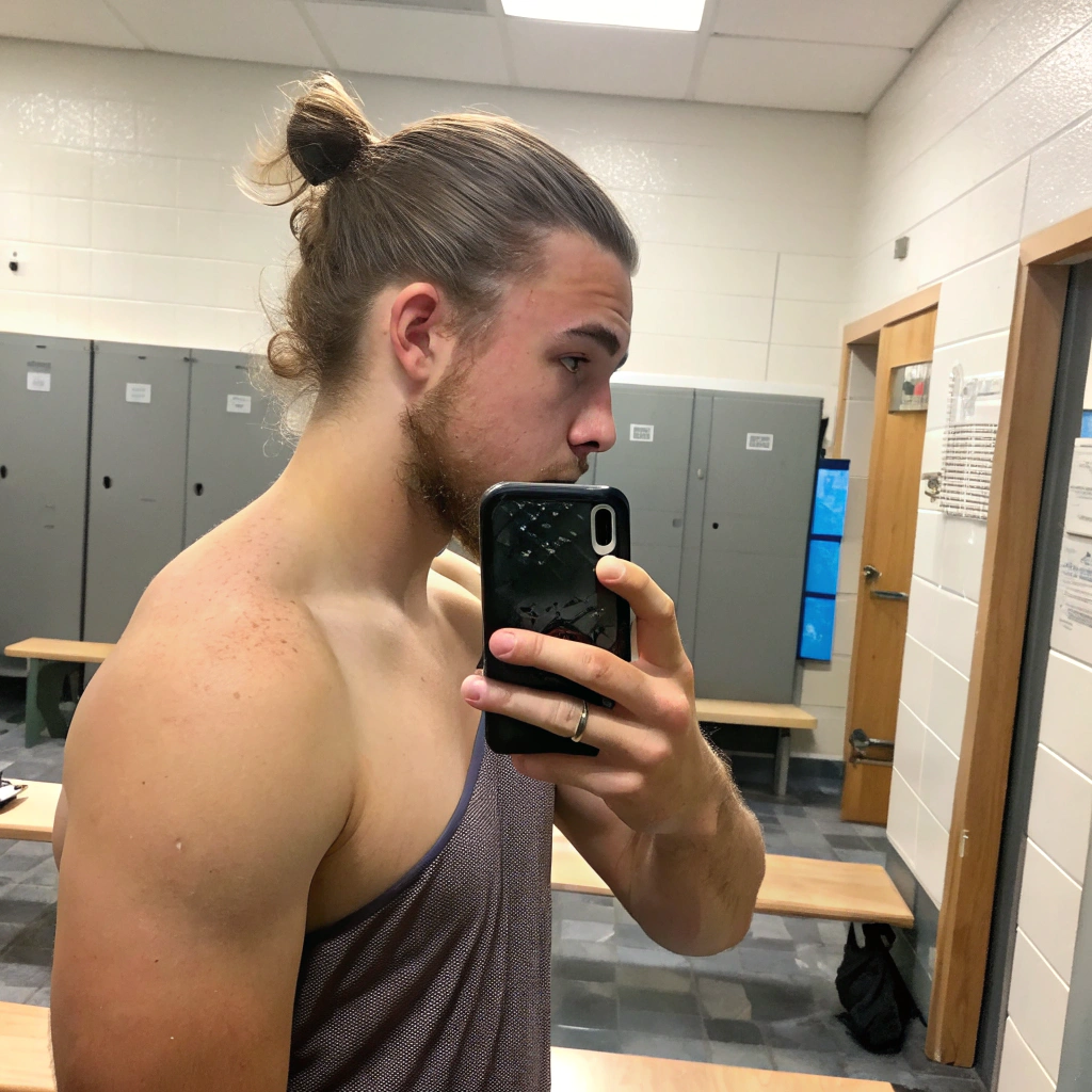 AI generated image by Red Panda AI: A realistically imperfect gym dressing room mirror selfie featuring a 25-year-old man with a man bun. The image shows the man taking a selfie in the mirror, but his face is barely visible, creating an air of mystery. The setting includes typical gym locker room elements like lockers and benches in the background. The lighting is natural, replicating a typical gym environment, and the focus is on the man's hairstyle and athletic build without revealing much of his facial features.