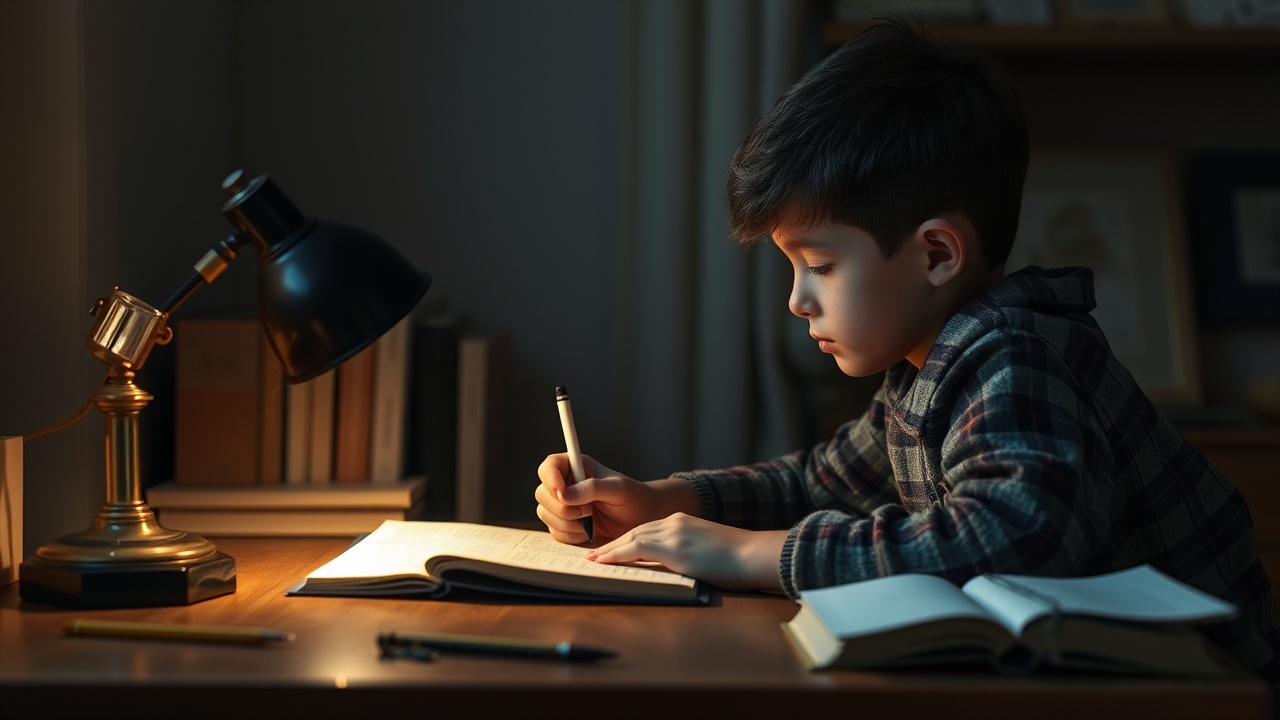 AI generated image by FLUX.1-schnell: Boy studying on a study desk with a lamp on the table from the side, but with dead unlit ((dead wax)) on the side, but focused on the boy