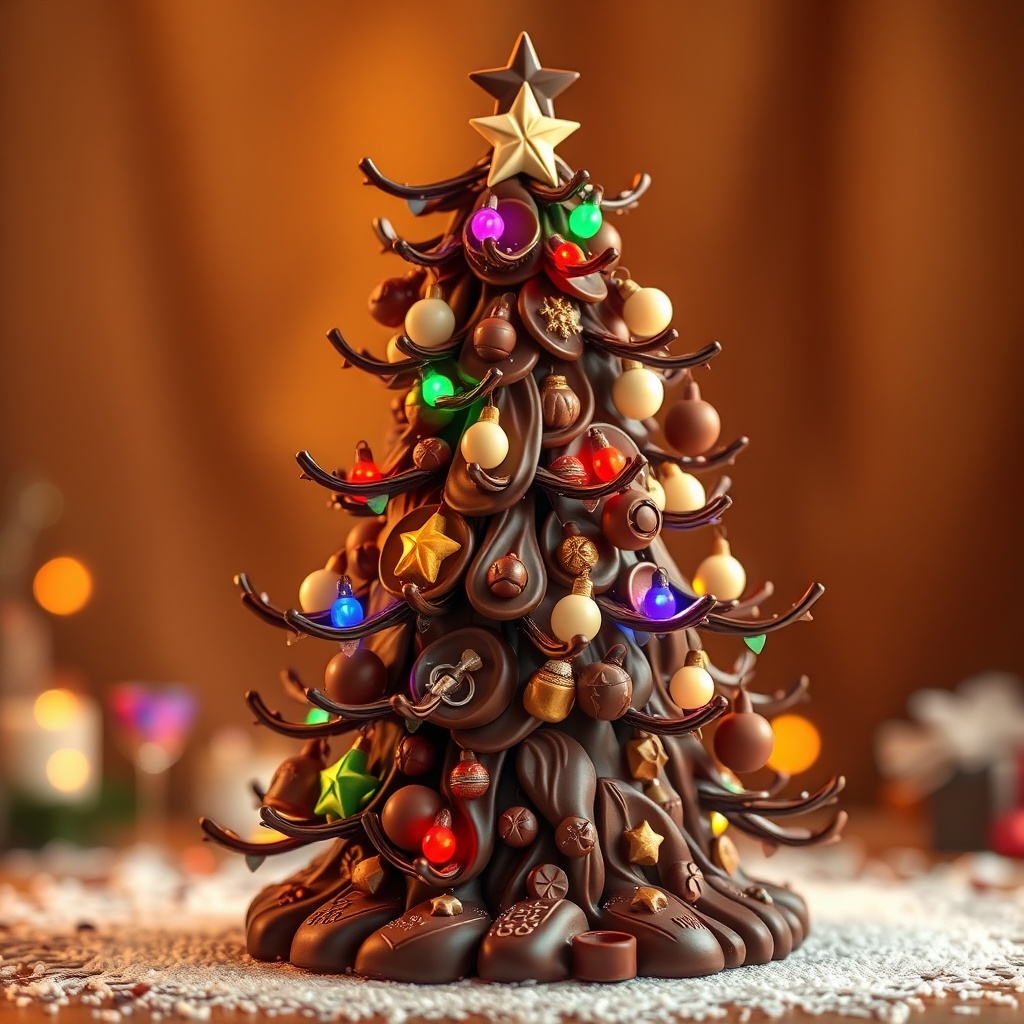 AI generated image by FLUX.1-schnell: A animation and festive chocolate Christmas tree with colorful lights and ornaments. The tree is crafted entirely from chocolate, with textures that represent dark, milk, and white chocolate. The branches are detailed, adorned with small chocolate stars, bells, and other decorations. The warm background enhances the cozy holiday atmosphere, with gentle lighting highlighting the glossy and matte finishes of the chocolate. The scene radiates joy and warmth, perfectly embodying the spirit of Christma