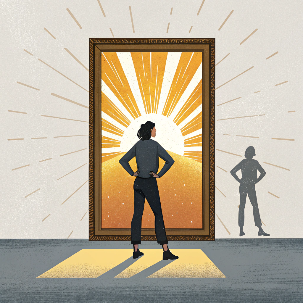 AI generated image by Red Panda AI: Draw "Una persona parada frente a un espejo, pero en lugar de ver su reflejo normal, ve una versión empoderada de sí misma, rodeada de luz dorada que simboliza la confianza. Estilo: arte conceptual con tonos cálidos (dorados, naranjas) en la luz y detalles neutros (blancos, grises) en el entorno. La composición debe transmitir fuerza y seguridad."