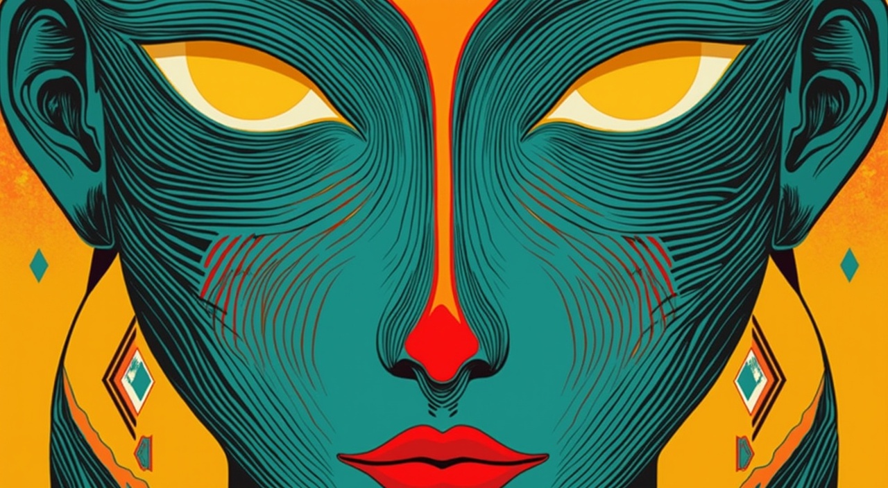 AI generated image by FLUX.1-pro: digital artwork featuring a stylized, abstract face with bold and vibrant colors. The face is composed of intricate, flowing lines that create a sense of depth and texture, giving the image a dynamic and almost hypnotic quality. The color scheme predominantly features bright turquoise for the skin, vivid yellow for the eyes with white highlights, and bold red for the lips and nose.

The eyes are large and round, with a glowing yellow hue that stands out against the turquoise skin, creating a captivating focal point. The nose is depicted as a simple, bold red shape, while the mouth is exaggerated with full, red lips, adding a touch of sensuality or intensity to the expression. The ears are elongated and stylized, contributing to the overall abstract nature of the face.

The design is symmetrical, emphasizing balance and harmony in the composition. Geometric shapes, such as diamonds and circles, are incorporated to add structure and visual interest to the design. The use of bold colors and abstract forms suggests influences from modern art movements, such as Art Deco or Pop Art.

This image evokes themes of mystery and intrigue, inviting viewers to interpret the emotion or story behind the face. Symbolically, it explores the complexity and depth of human emotions, as well as the fluidity and complexity of identity and individuality.
