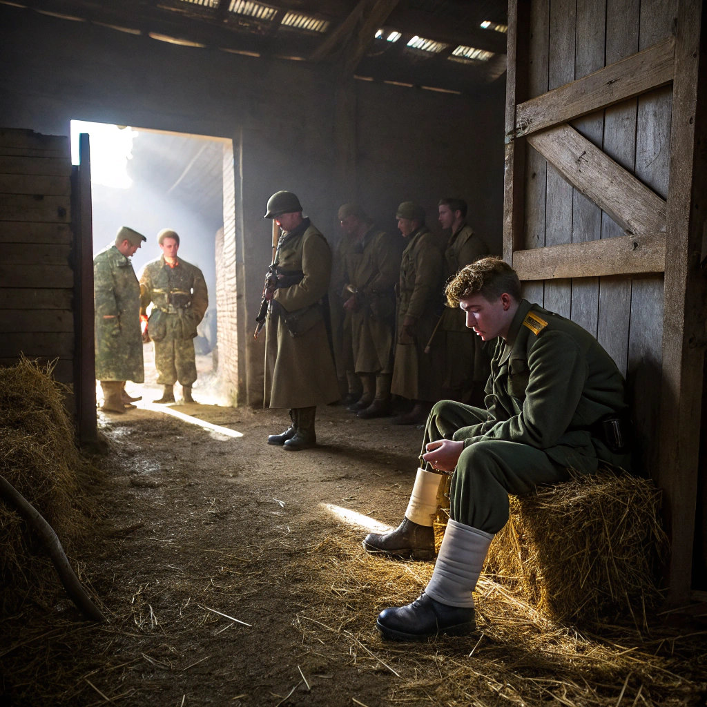 AI generated image by Red Panda AI: "A tense scene inside a rustic stable where a group of white soldiers is arriving to find a young white man with a broken leg. The soldiers, dressed in worn military uniforms, stand at the entrance, looking at the injured man with a mix of curiosity and authority. The young man, sitting on a hay bale with his leg bandaged, looks up at the soldiers with a mix of pain and apprehension. The stable is dimly lit, with hay scattered across the floor and wooden beams above. Soft light filters through gaps in the walls, casting long shadows, adding to the somber and tense atmosphere of the moment."






