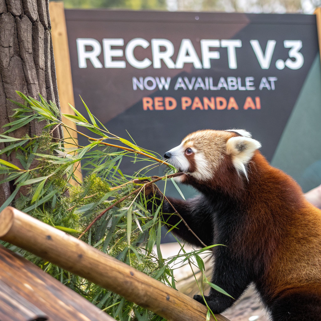 AI generated image by Red Panda AI: a red panda eating a bamboo in front of a poster that says "recraft V3 now available at red panda ai
