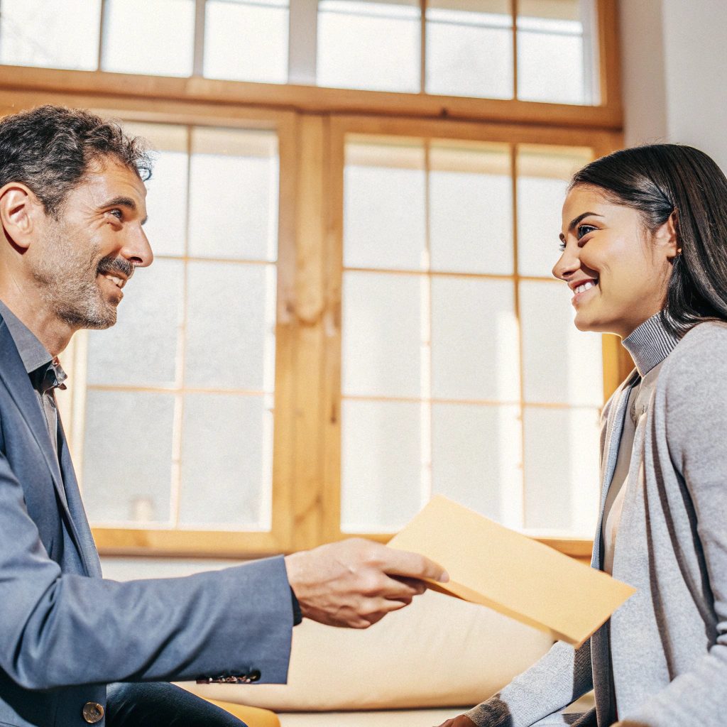 AI generated image by Red Panda AI: Create a hyper-realistic image of a professional and warm meeting between a recommender and an immigration applicant. The setting is a cozy office with large windows letting in soft natural light. The recommender, a middle-aged man in a blue suit, is handing a letter to a hopeful young woman in casual attire, conveying a sense of support and optimism. Both individuals are smiling, their gazes locked on each other, radiating a positive atmosphere. The background is softly blurred, highlighting the sincere connection between them.