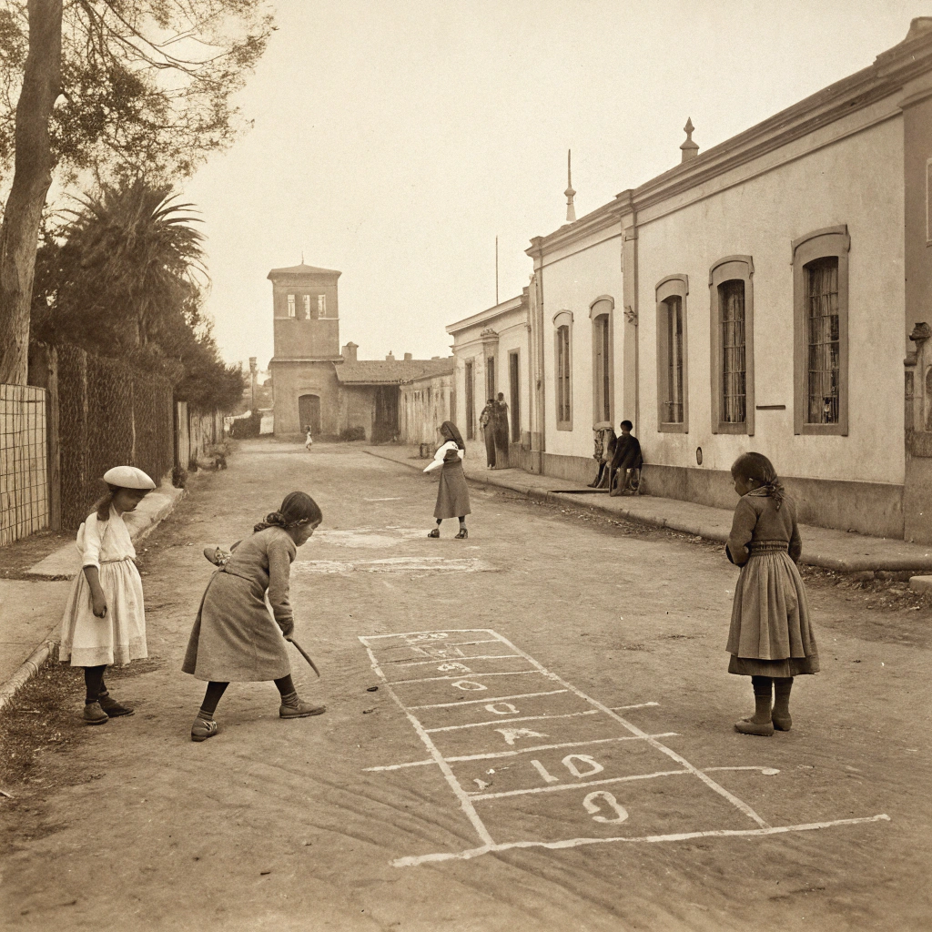 AI generated image by Red Panda AI: NIÑOS JUGANDO EN LA EPOCA COLONIAL DE BUENOS AIRES DE 1810 EN LA CALLE DE TIERRA A LA RAYUELA LA RAYUELA REALIZADA CON MARCAS EN LA TIERRA CON UN PALITO IMAGEN CON ASPECTO ANTIGUO Y TENIENDO EN CUENTA LA VESTIMENTA DE LA EPOCA EN COLOR SEPIA