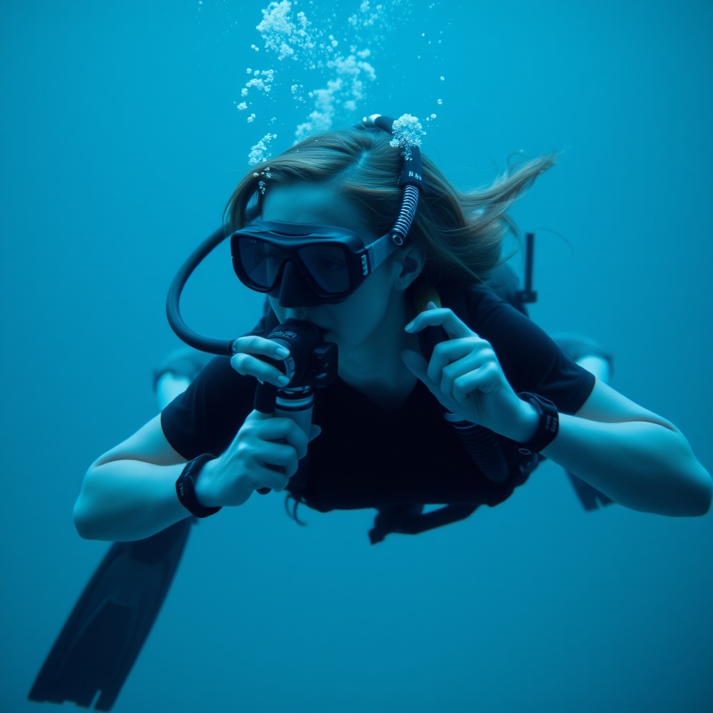 AI generated image by FLUX.1-schnell: A cinematic, night-vision, deepest darkest bluescaled photo of American actress Kiernan Shipka with hair down swimming while scuba diving wearing blacked out scuba diving goggles, scuba diving gear (buoyancy compensator with air hose and cylinder with carbon monoxide), a black raglan short-sleeved Neoprene wetsuit with neck seal and ignitor wetsuit shorts, a dive computer on her wrist and black scuba diving flippers on her feet breathing and blowing air bubbles through a regulator underwater (side face and body view)
