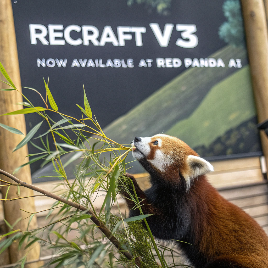 AI generated image by Red Panda AI: a red panda eating a bamboo in front of a poster that says "recraft V3 now available at red panda ai